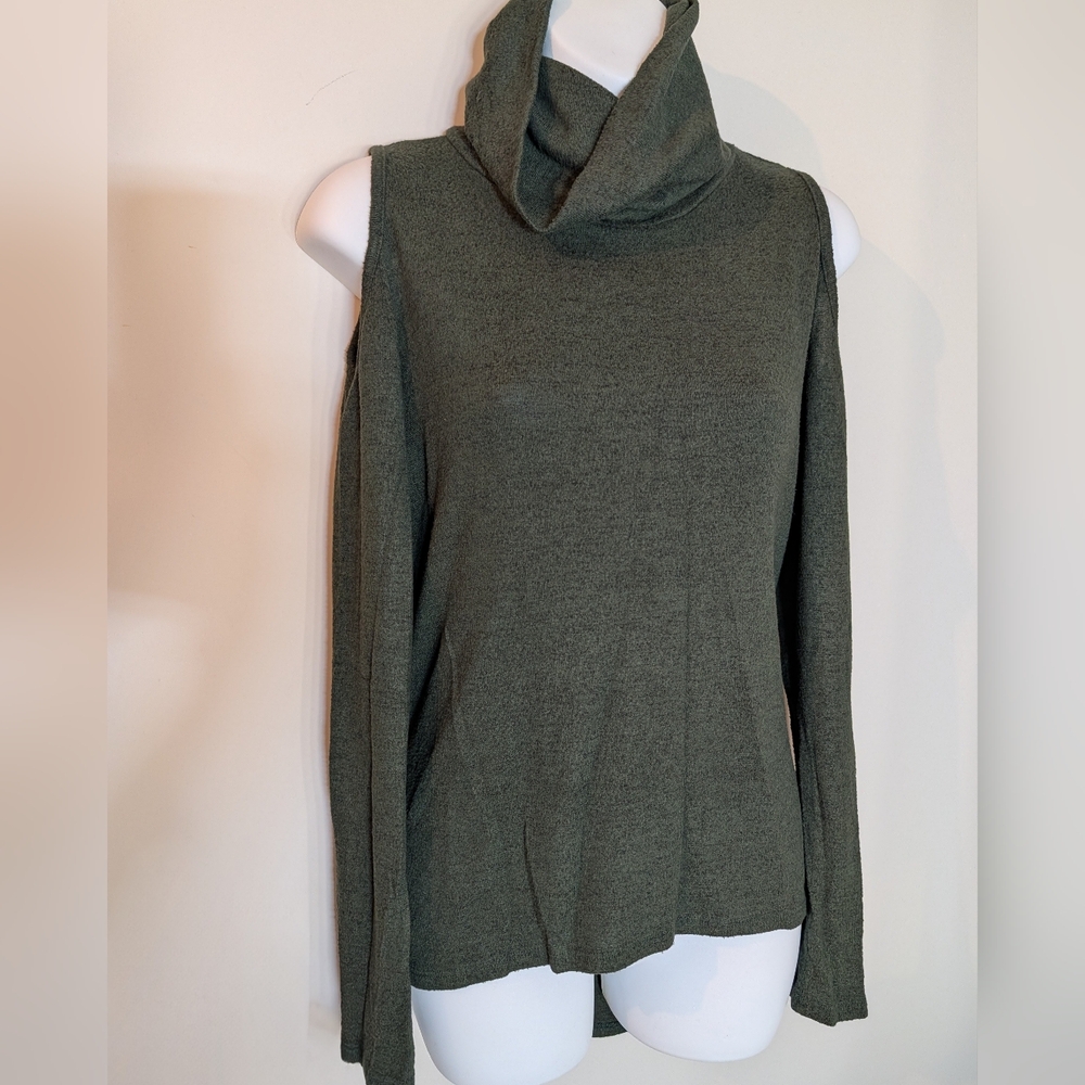 Peek-a-boo Shoulder Olive Cowl Neck Knit Top Sweater